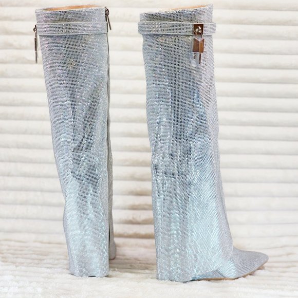 Super Sparkle Sharky Silver Rhinestone Skirted Fold Over Wedge Heel Knee Boots - Picture 1 of 12
